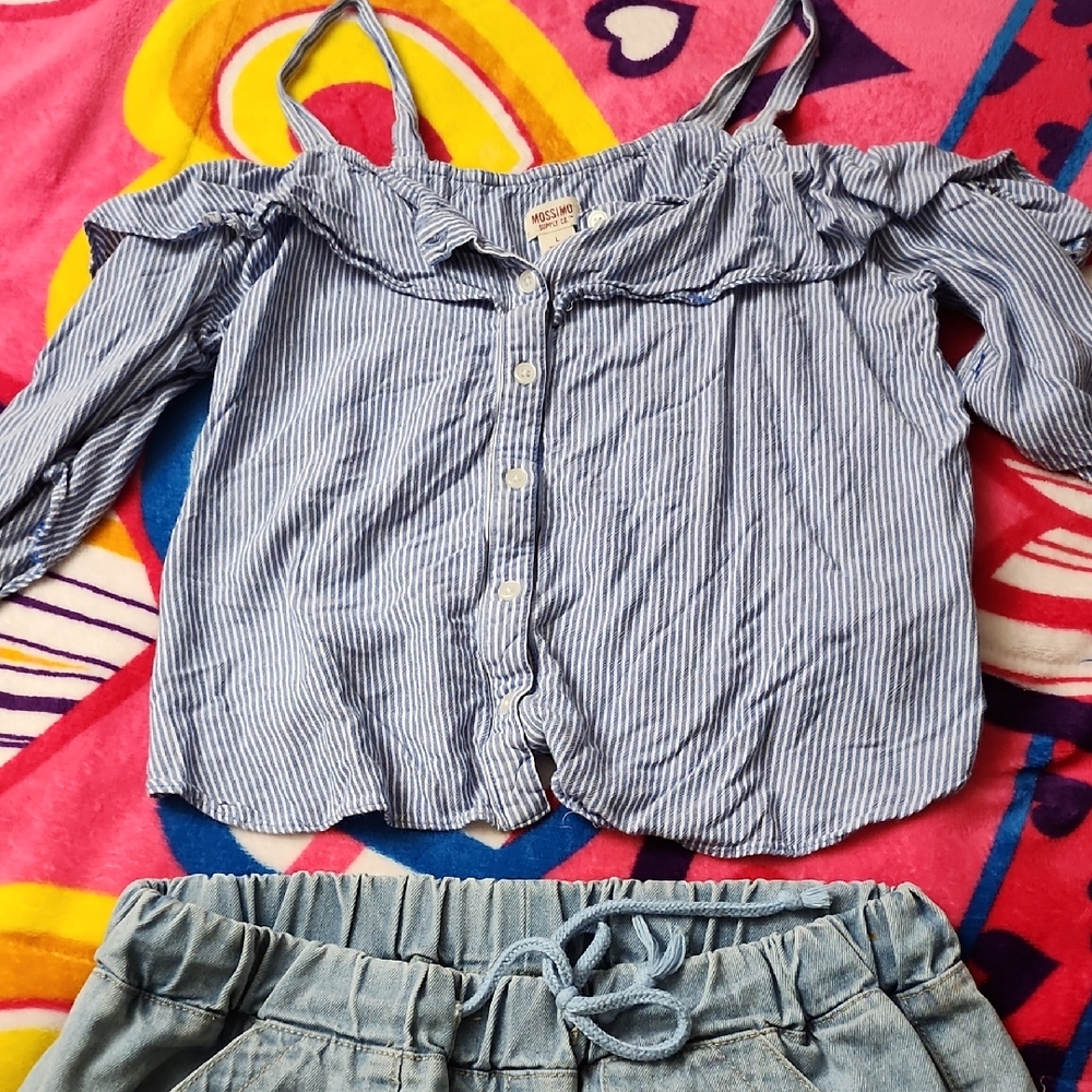 Blue Striped Kids Off-Shoulder Top